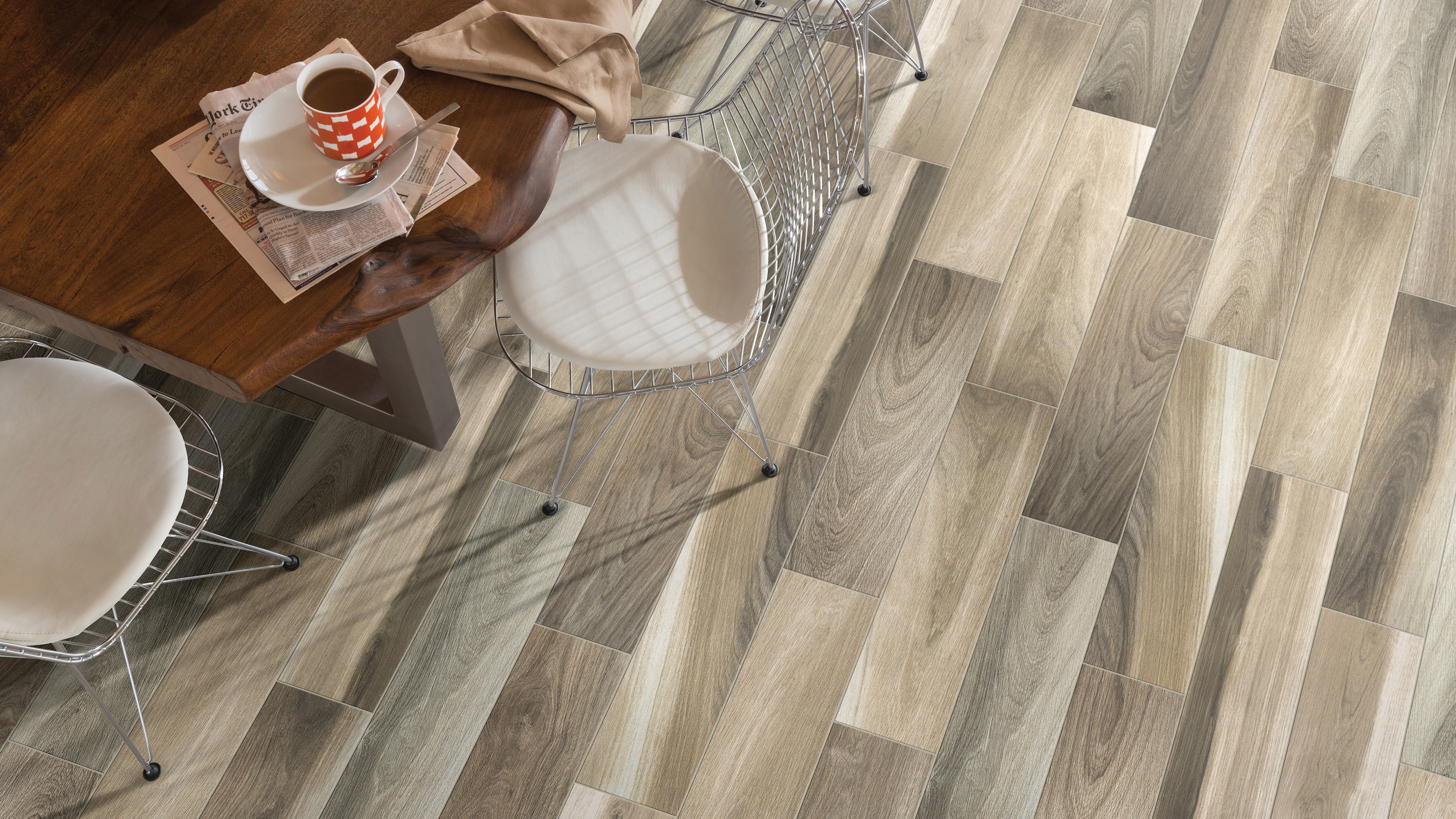 Tile flooring in a dining area, installation services available.