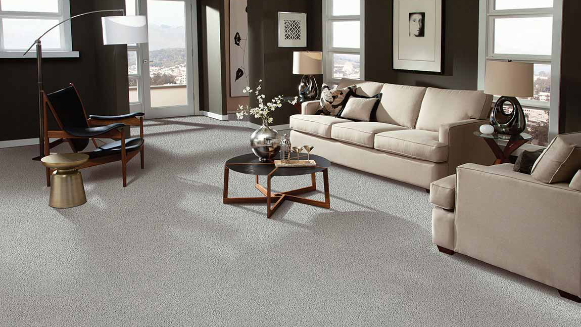 Neutral gray carpeting by Innovia in living room scene with couches, wall decor, small coffee table