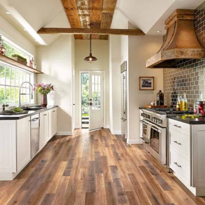 wood look laminate flooring in a rustic kitchen from Floortech Interiors